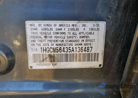 2005 Honda Accord Lx из США, поврежденный, VIN 1HGCM56435A136487